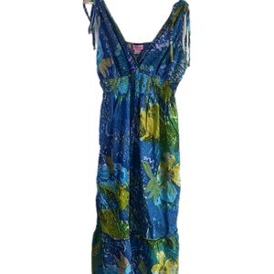 She’s Cool Summer Maxi Dress Blue Floral XL Spaghetti Straps Empire Waist
